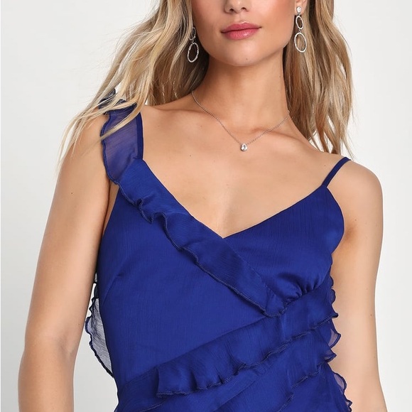 Lulu’s Tier Desire Cobalt Blue Tiered Ruffled Slit Chiffon Lace-Up Maxi Dress S - Picture 6 of 8
